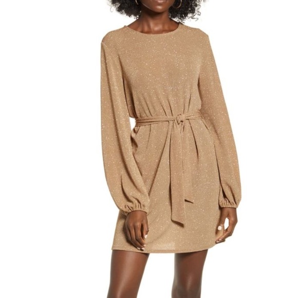 Leith Brown Sparkle Long-Sleeve Tie Waist Dress Small NWT - Picture 1 of 10